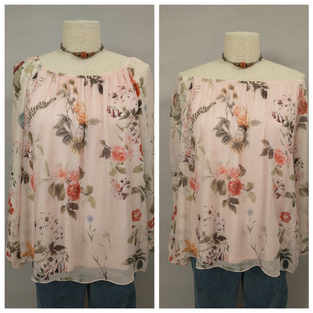 Silk Blouse Pink w Roses Off Shoulder if Desired